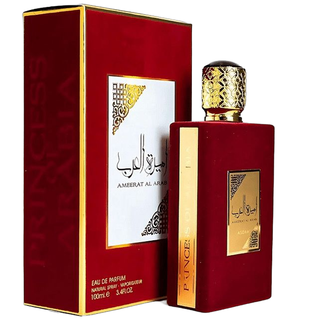 Perfume Ameerat Al Arab de Lattafa, frasco rojo y dorado, 100ml, fragancia de lujo.