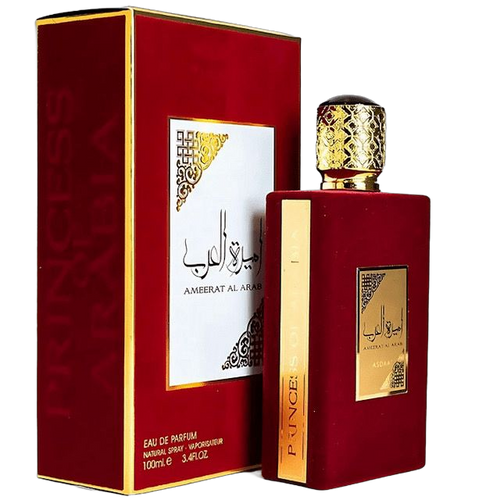 Perfume Ameerat Al Arab de Lattafa, frasco rojo y dorado, 100ml, fragancia de lujo.