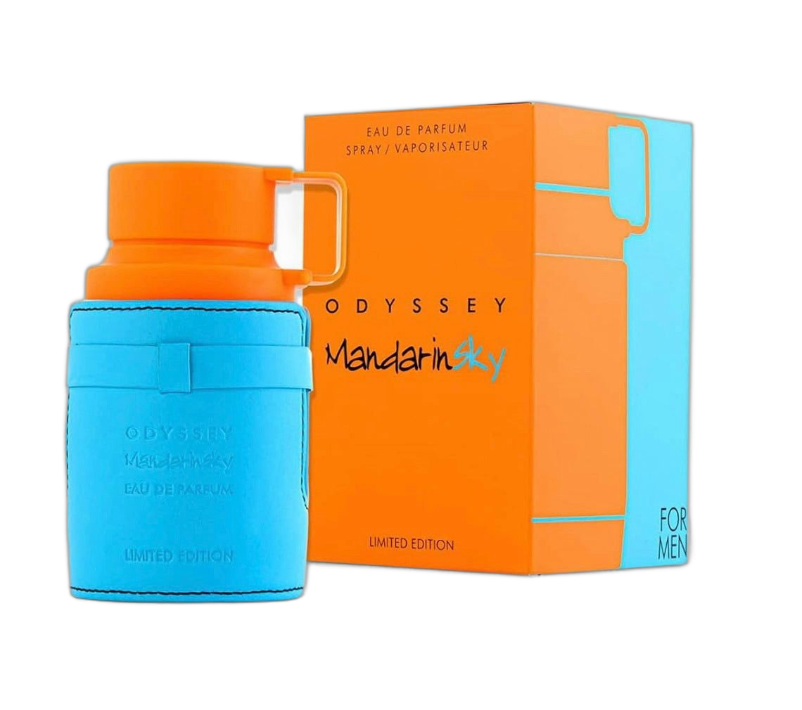 Mandarin Sky limited edition Eau de Parfum spray for men, featuring a vibrant blue and orange design.