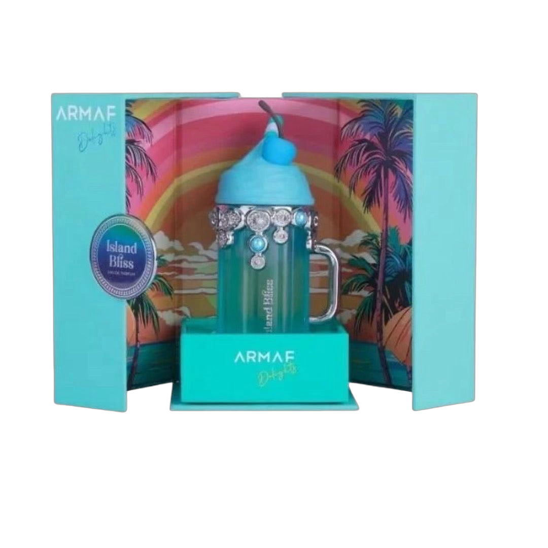 Island Bliss by Armaf fragrance gift set featuring a tropical design and colorful packaging.