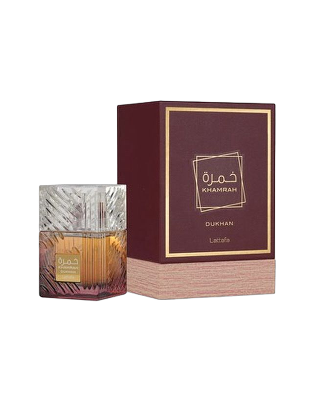 Khamra Dukhan by Lattafa, showcasing an elegant perfume bottle and box, perfect for fragrance lovers.